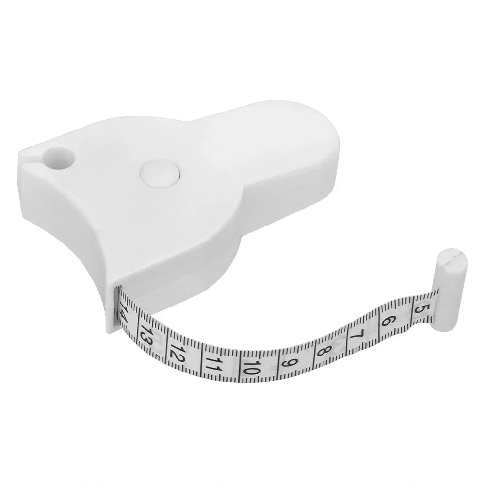 A white automatic locking body measuring tape with a soft retractable design and a flexible measuring strip.
