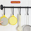 A hanging design display of yellow and gray double-sided microfiber cleaning cloths on a black bar.