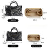 A black felt bag organizer insert showing various sizes and dimensions for a bag.