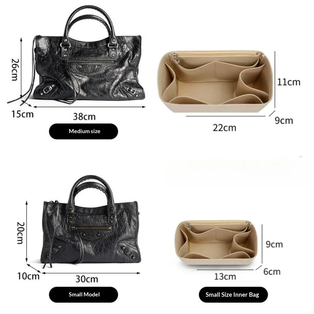 A black felt bag organizer insert showing various sizes and dimensions for a bag.