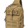 Tan crossbody chest bag with multiple zipper compartments and a MOLLE system