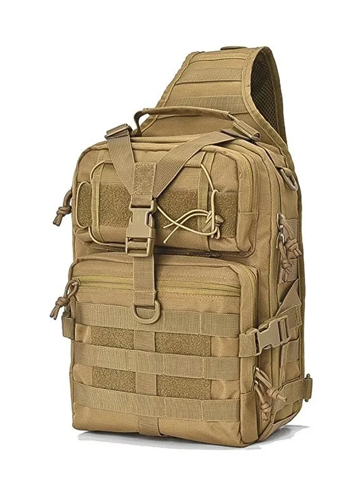 Tan crossbody chest bag with multiple zipper compartments and a MOLLE system