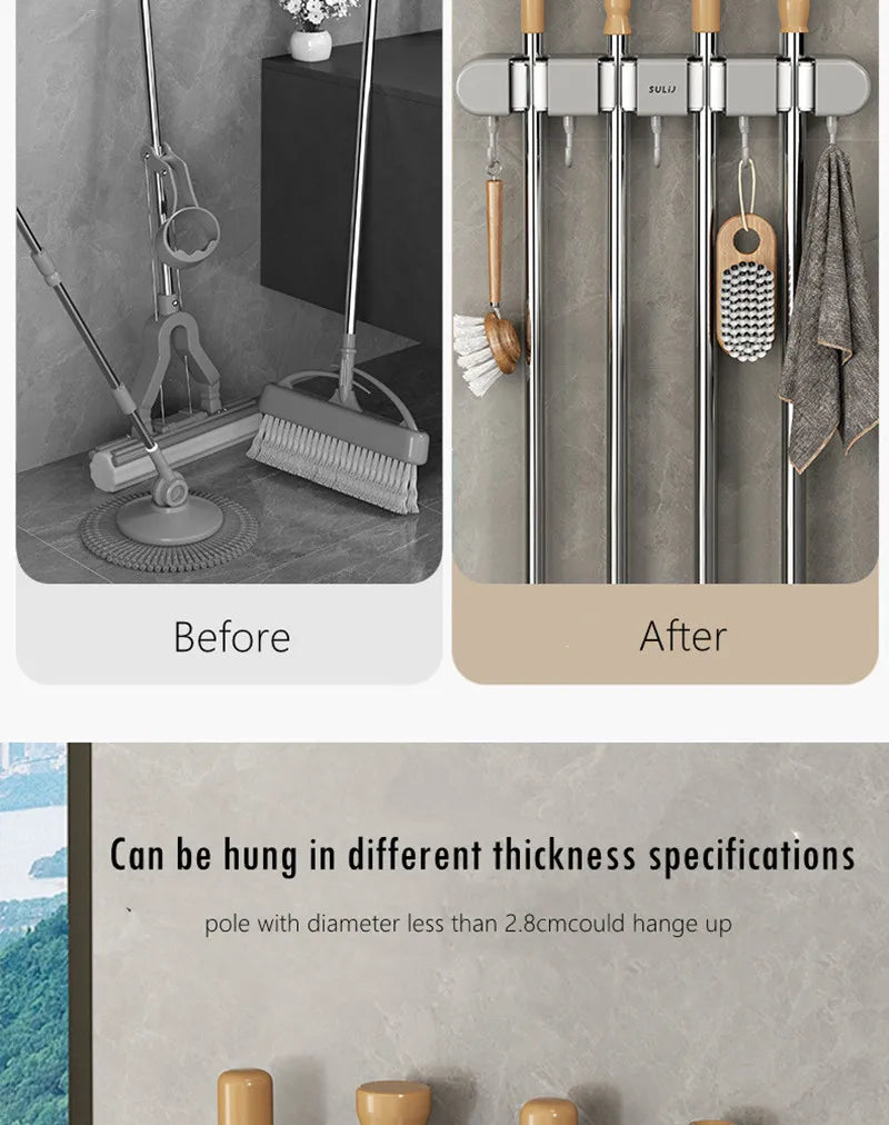 Wall-Mounted Mop and Broom Holder with Adhesive Mount
