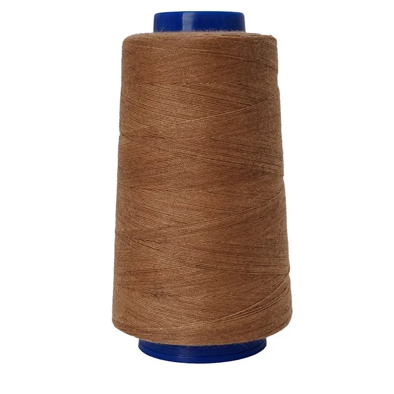 A spool of heavy-duty waterproof bonded polyester thread in a brown color with a blue core.