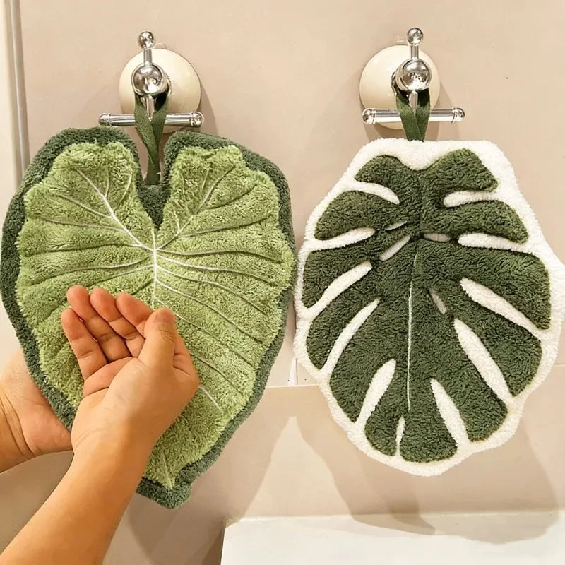 Leaf-Print Absorbent Hand Towel with Hanging Loop