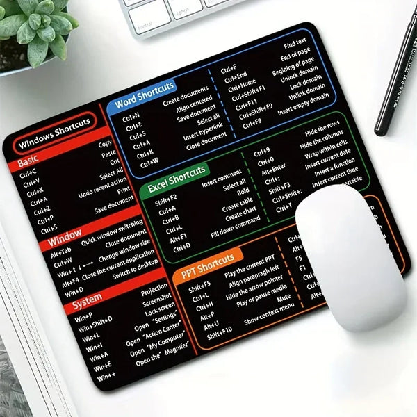Schwarze Mauspad mit Windows- und Excel-Tastenkürzeln für Büroproduktivität