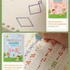A practice book showing various graphics and math exercises for preschoolers, including addition and subtraction.