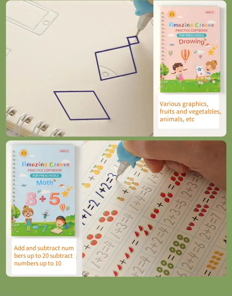 A practice book showing various graphics and math exercises for preschoolers, including addition and subtraction.