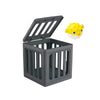 A gray plastic diving toy box with a lid open, next to a yellow floating animal figure.