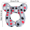 A gray baby head and neck support pillow with red and black polka dots, measuring 23cm by 25.5cm.