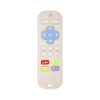 A beige silicone teething remote with various buttons including OK, lists, and a ghost icon.