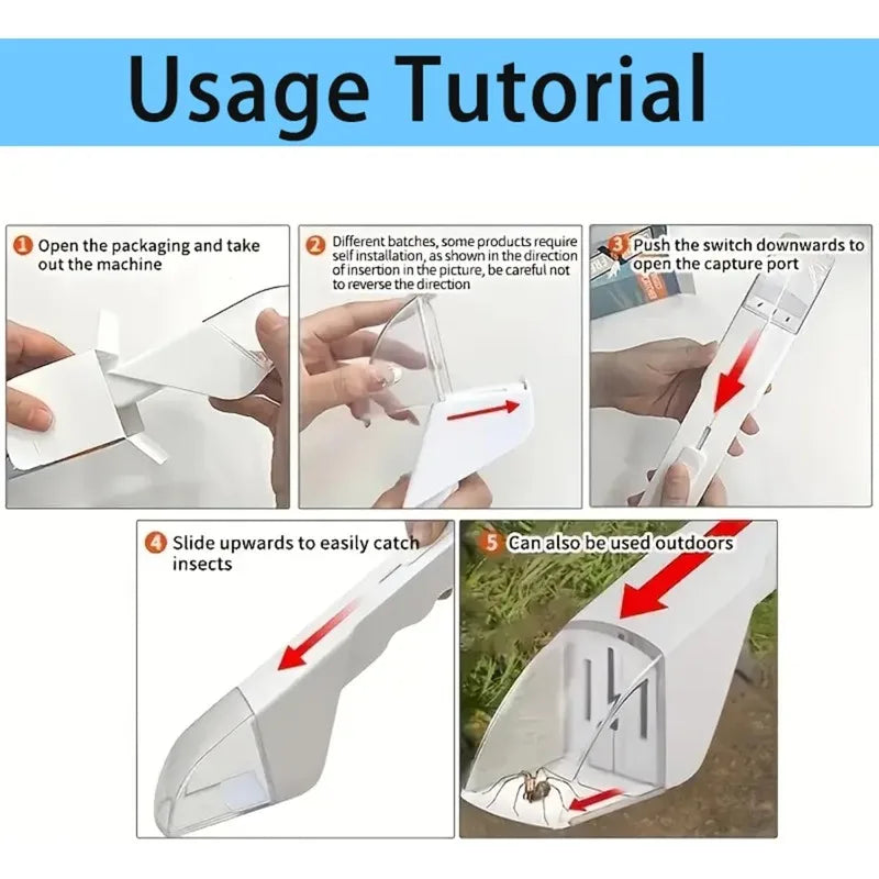 Usage tutorial showing how to open, use, and dispose of a handheld insect catcher for indoor and outdoor bug trapping.