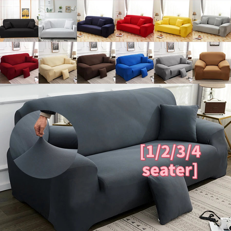 A variety of colorful and gray stretchable sofa covers displayed in different colors and fabrics.