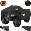 Black heavy duty storage cover for an ATV quad bike showing various angles and features