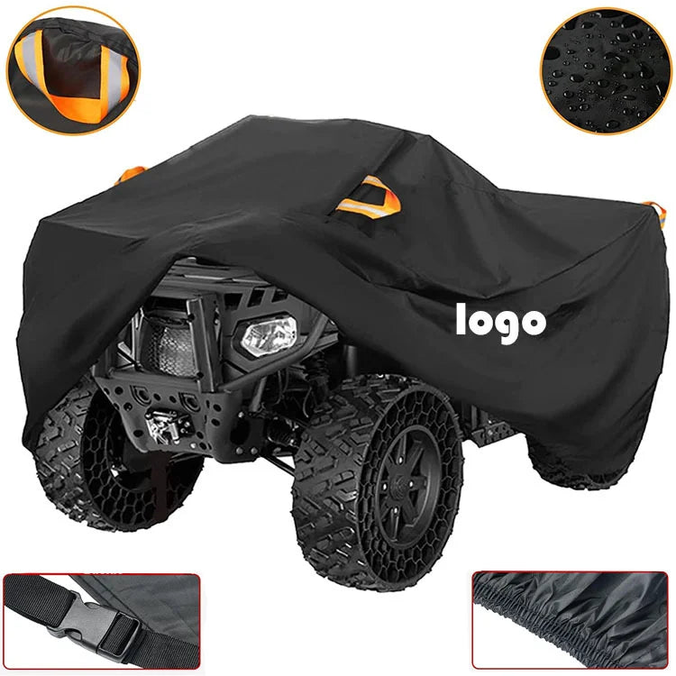 Black heavy duty storage cover for an ATV quad bike showing various angles and features
