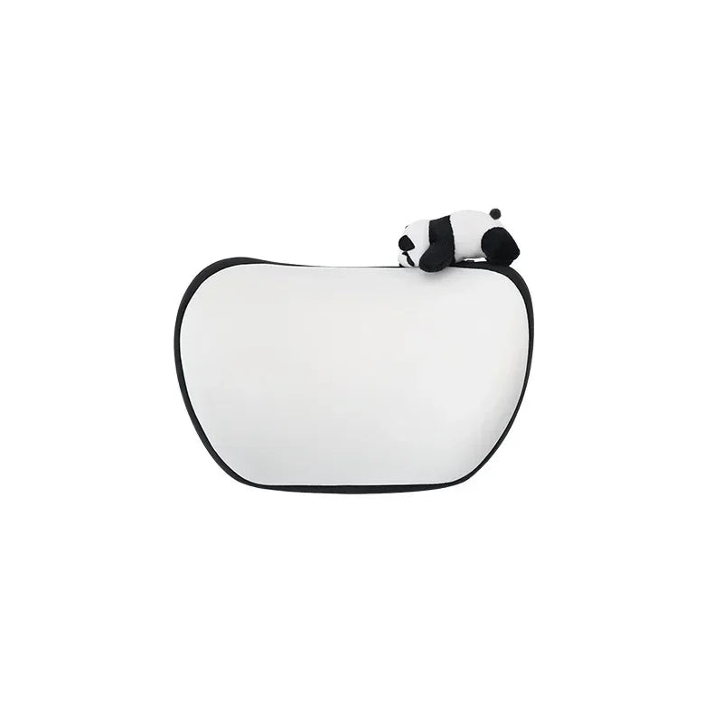 A white car seat cover set featuring black panda headrest pillows.