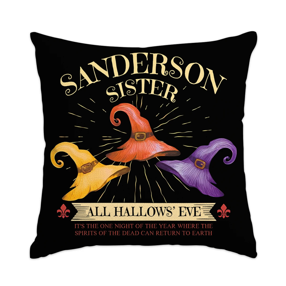 Cojín decorativo negro con texto dorado que dice Sanderson Sister y All Hallows' Eve con diseño de sol radial.