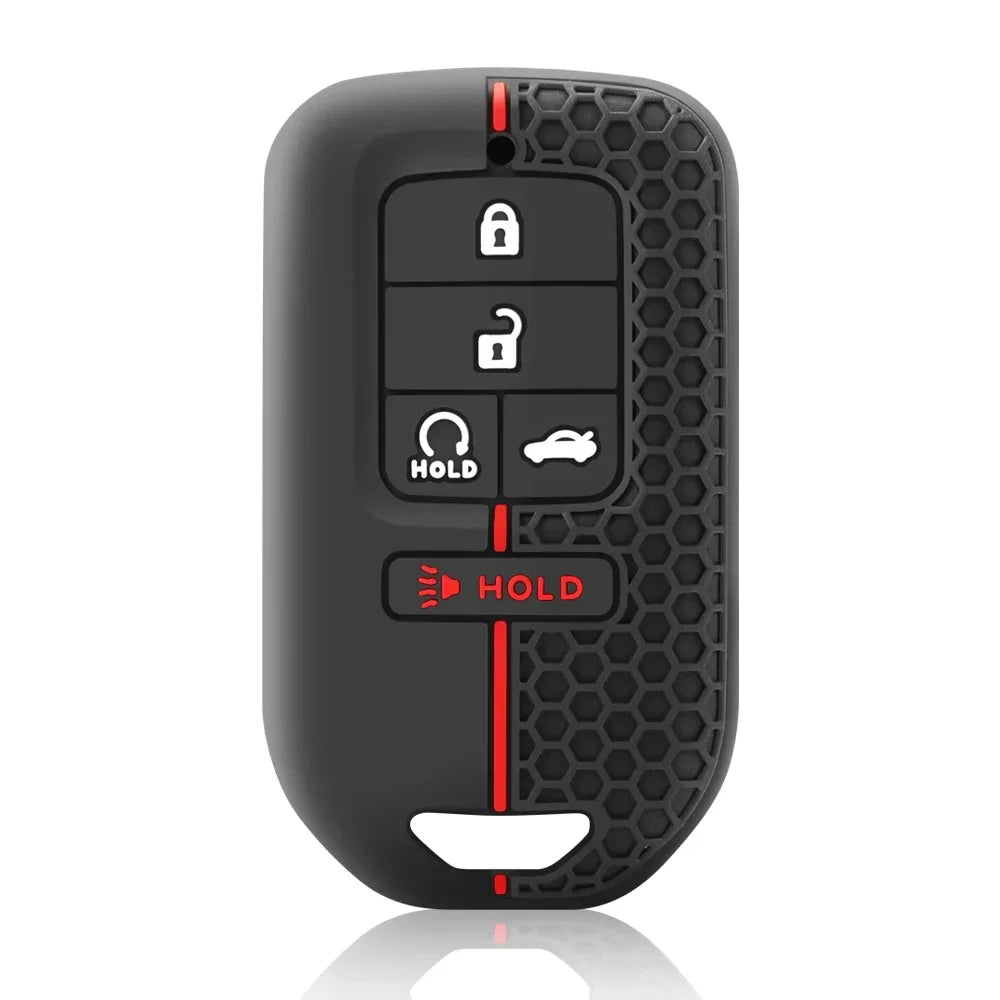 Black silicone car key case with three buttons for lock, unlock, and hold functions.