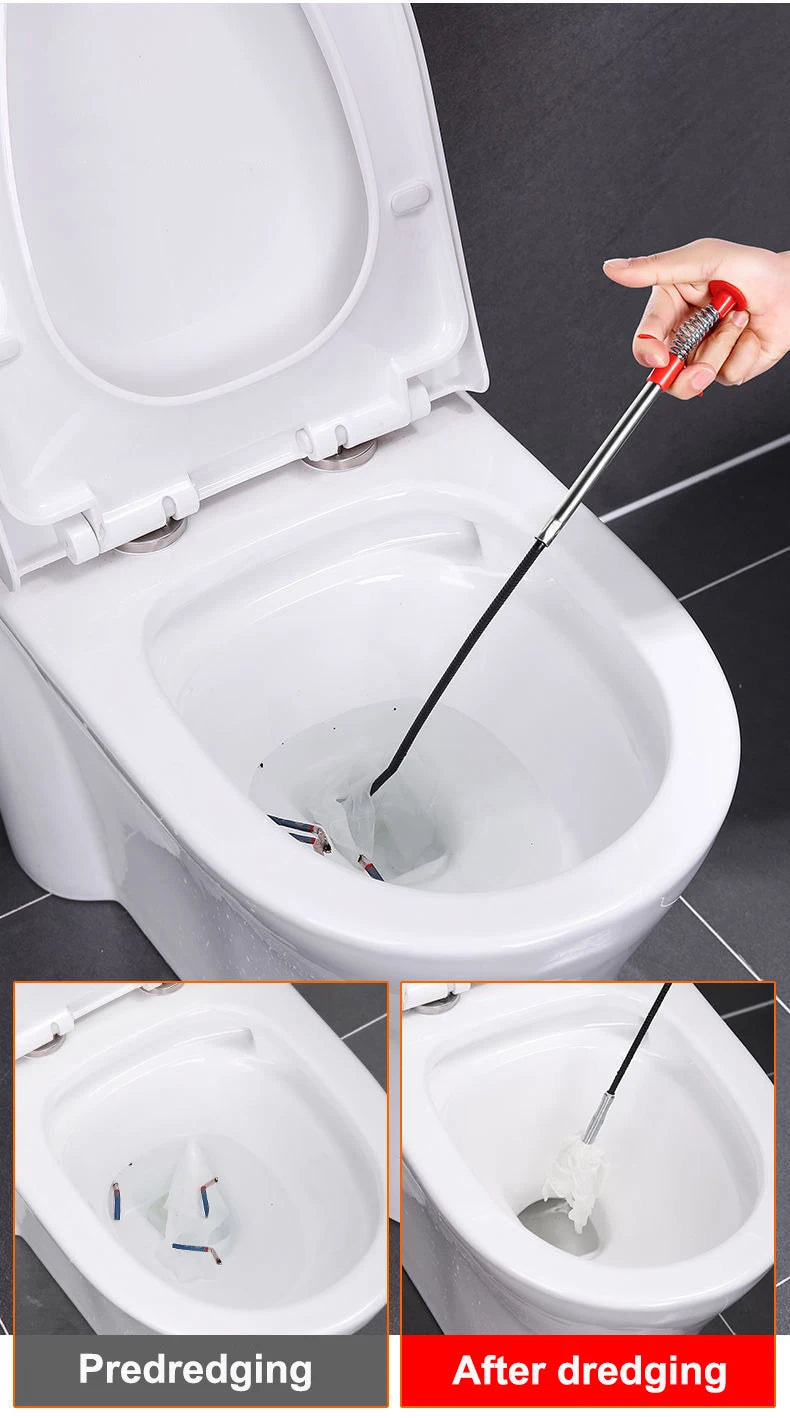 A cleaning tool set for drain clog removal and hair catching used in a toilet bowl.
