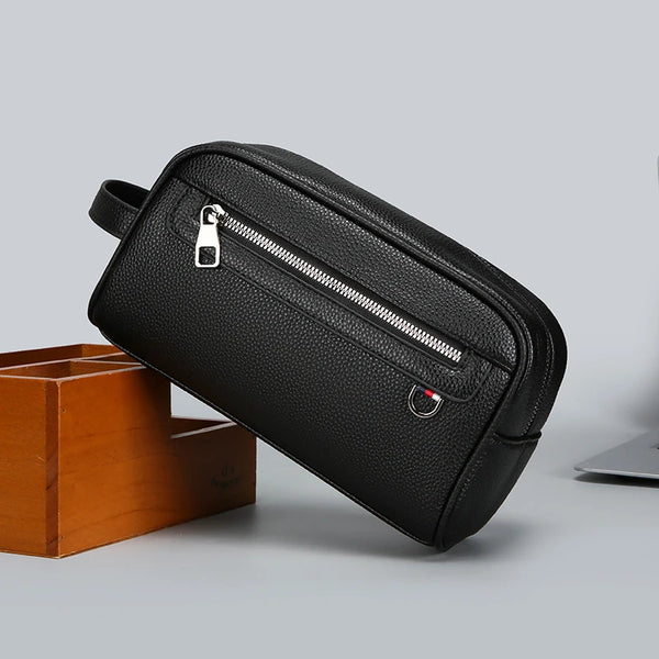 Men's Soft Leather Business Clutch Bag – Minimalist Travel Handbag with Zipper Closure