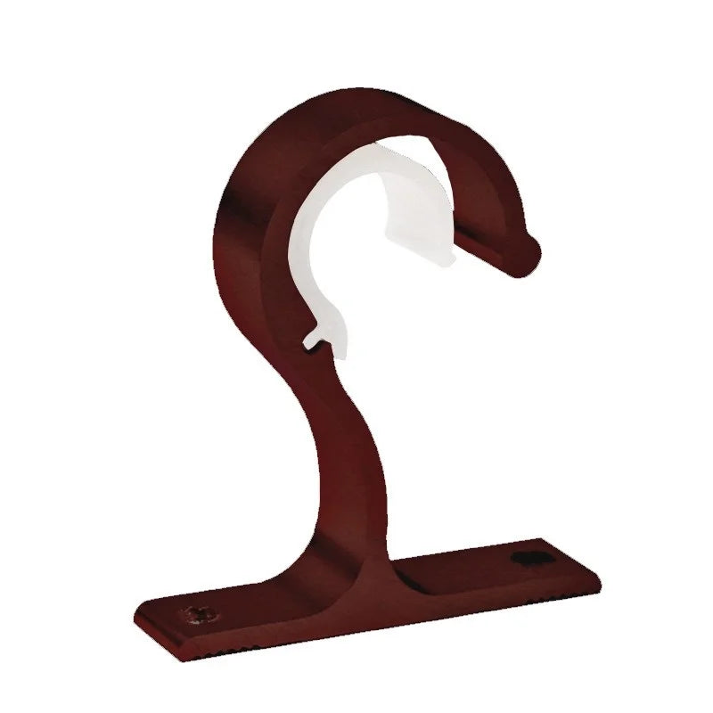 A dark brown durable curtain rod bracket with a white curved piece, designed for secure window treatments.