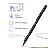 A black precision stylus pen shown next to icons detailing features like palm rejection, wireless and magnetic charging, and 