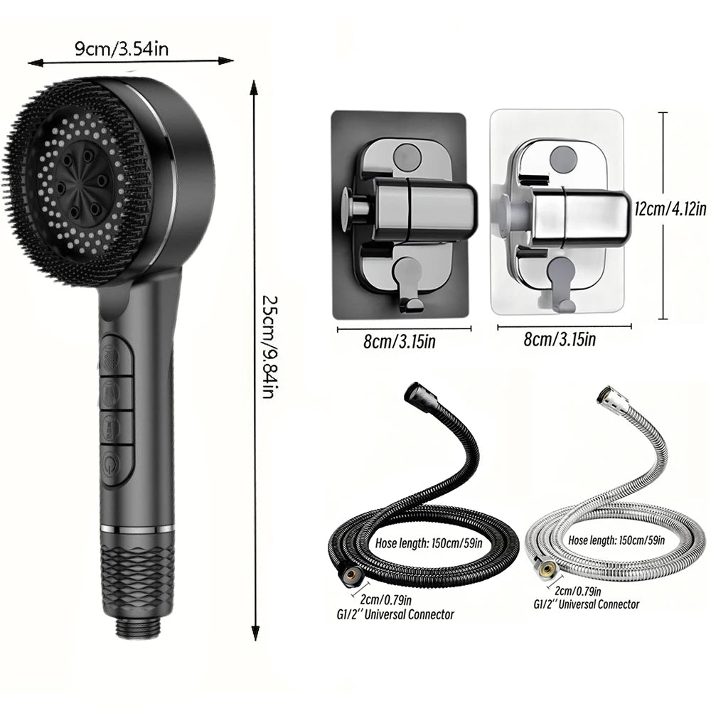 A black high-pressure handheld shower head with silicone nozzles and a flexible hose connector.