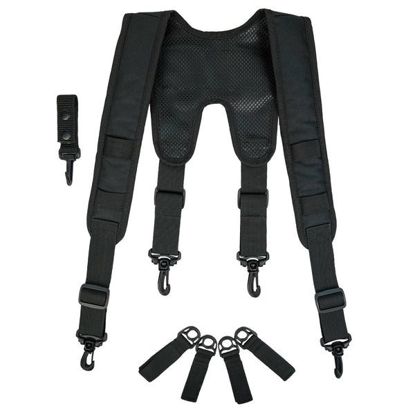 Black tactical duty belt suspenders with MOLLE system for men shown flat