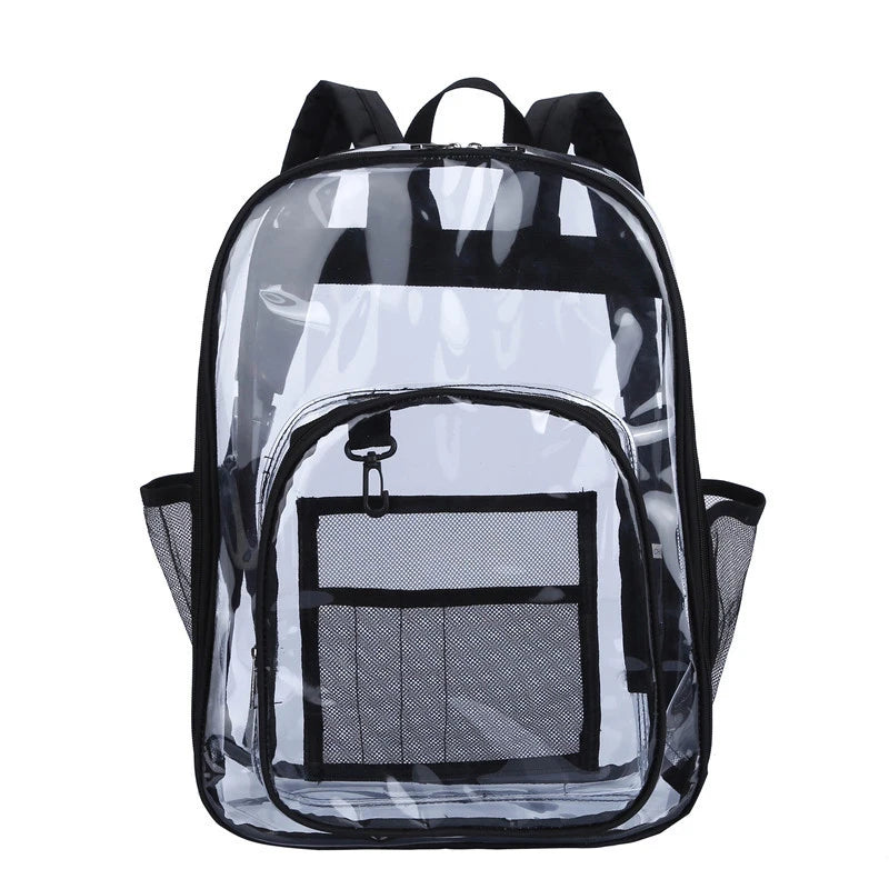 A clear waterproof shoulder bag with a black mesh pocket and zipper visible from the front.