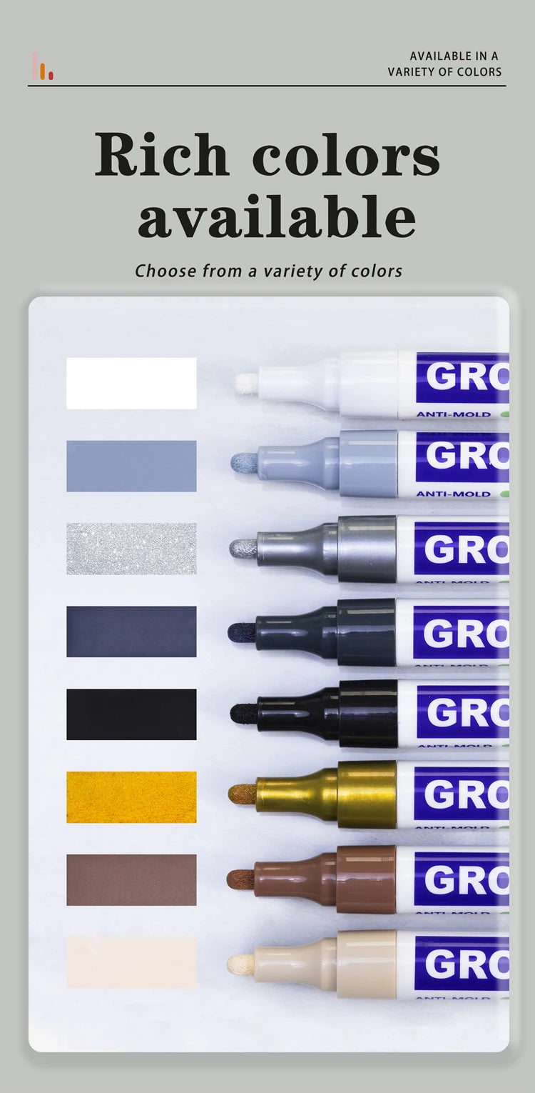 A variety of tile grout pens in different colors, including blue, gray, black, gold, and beige.