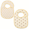 A pair of light beige baby cotton gauze bibs with a dotted pattern and a scalloped edge.