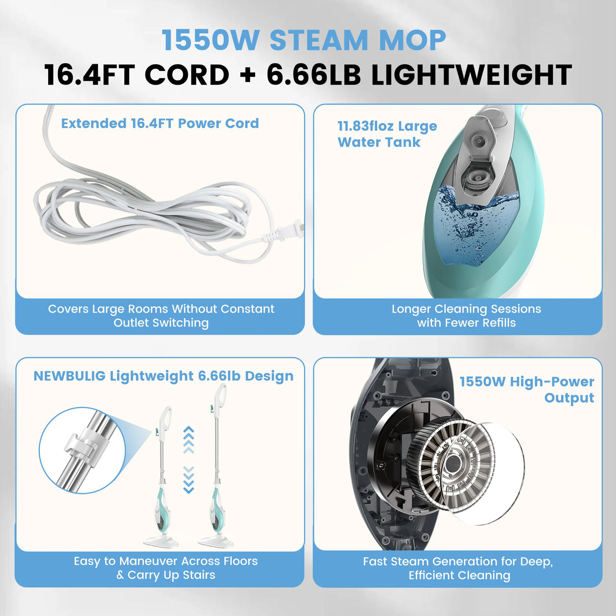 A set of 10-in-1 steam mops and handheld cleaners featuring an extended power cord, large water tank, and lightweight design.