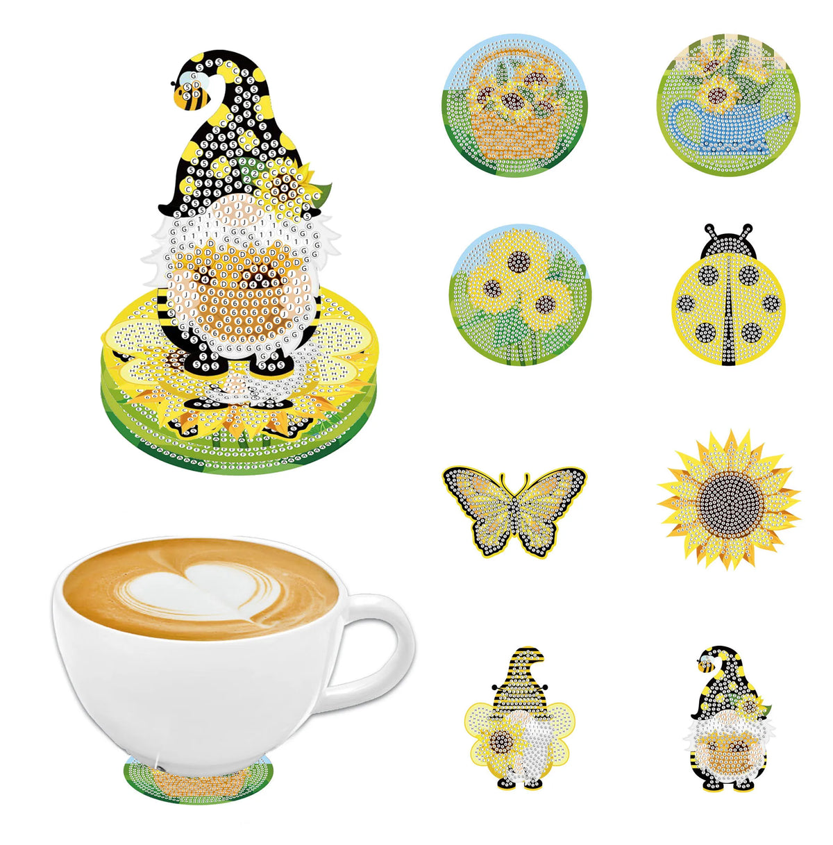 A set of eight DIY diamond art coasters featuring various floral and animal designs on wooden bases.