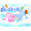 A jigsaw puzzle featuring three cute blue and pink sea creatures in a snowy, icy landscape.