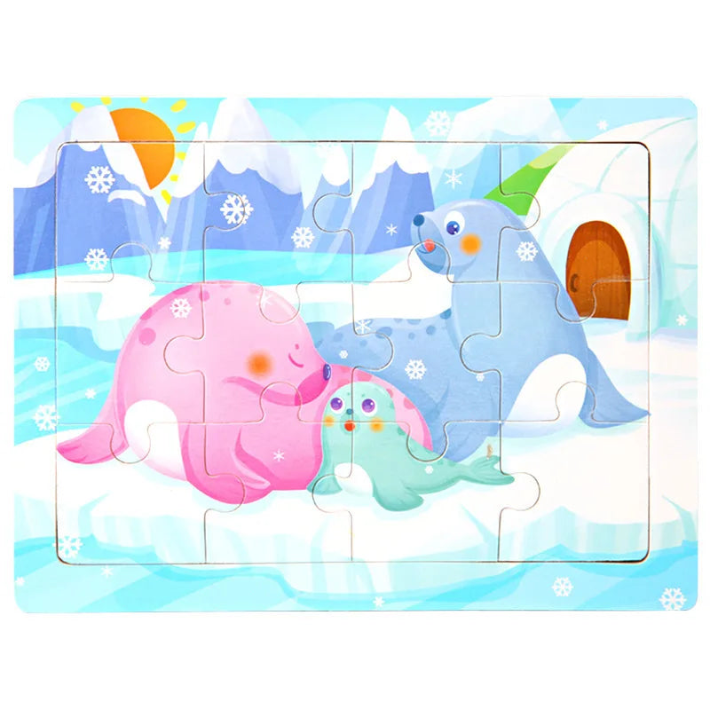 A jigsaw puzzle featuring three cute blue and pink sea creatures in a snowy, icy landscape.