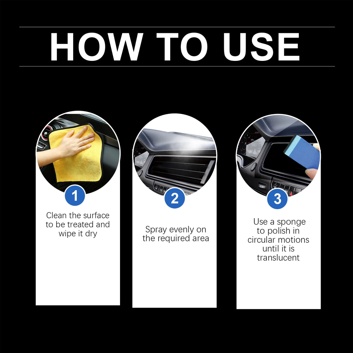 Three steps showing how to use a plastic restorer spray for car interiors: cleaning, spraying, and polishing.