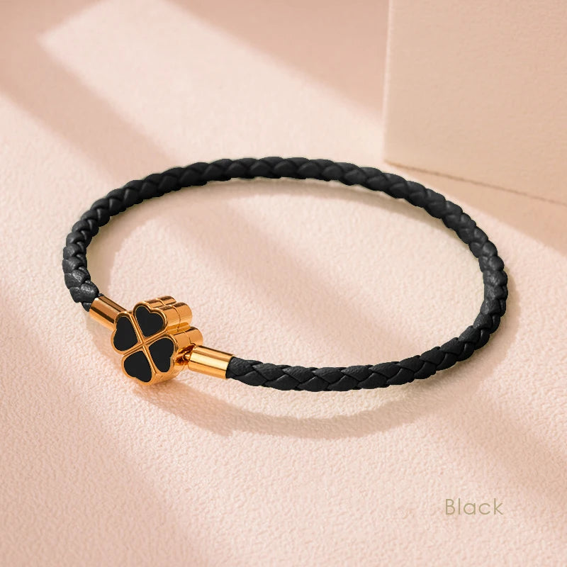 Four-Leaf Clover Braided Leather Bracelet