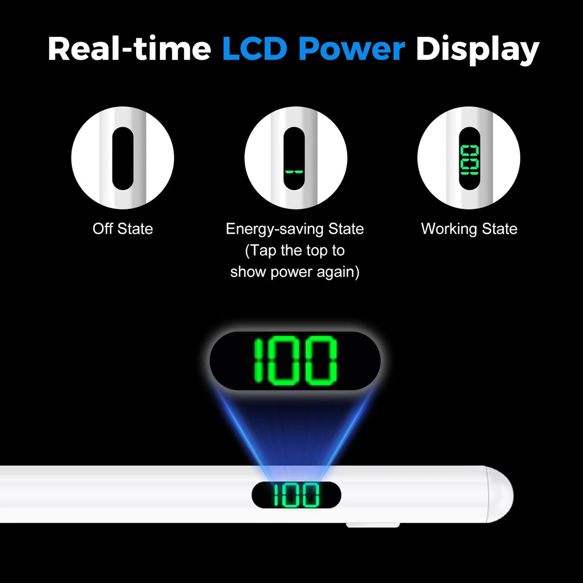 A white stylus pen displaying a real-time LCD power display showing 100% power.