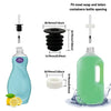 Stainless steel liquid soap dispenser with an extension tube shown next to a bottle and a large green bottle.