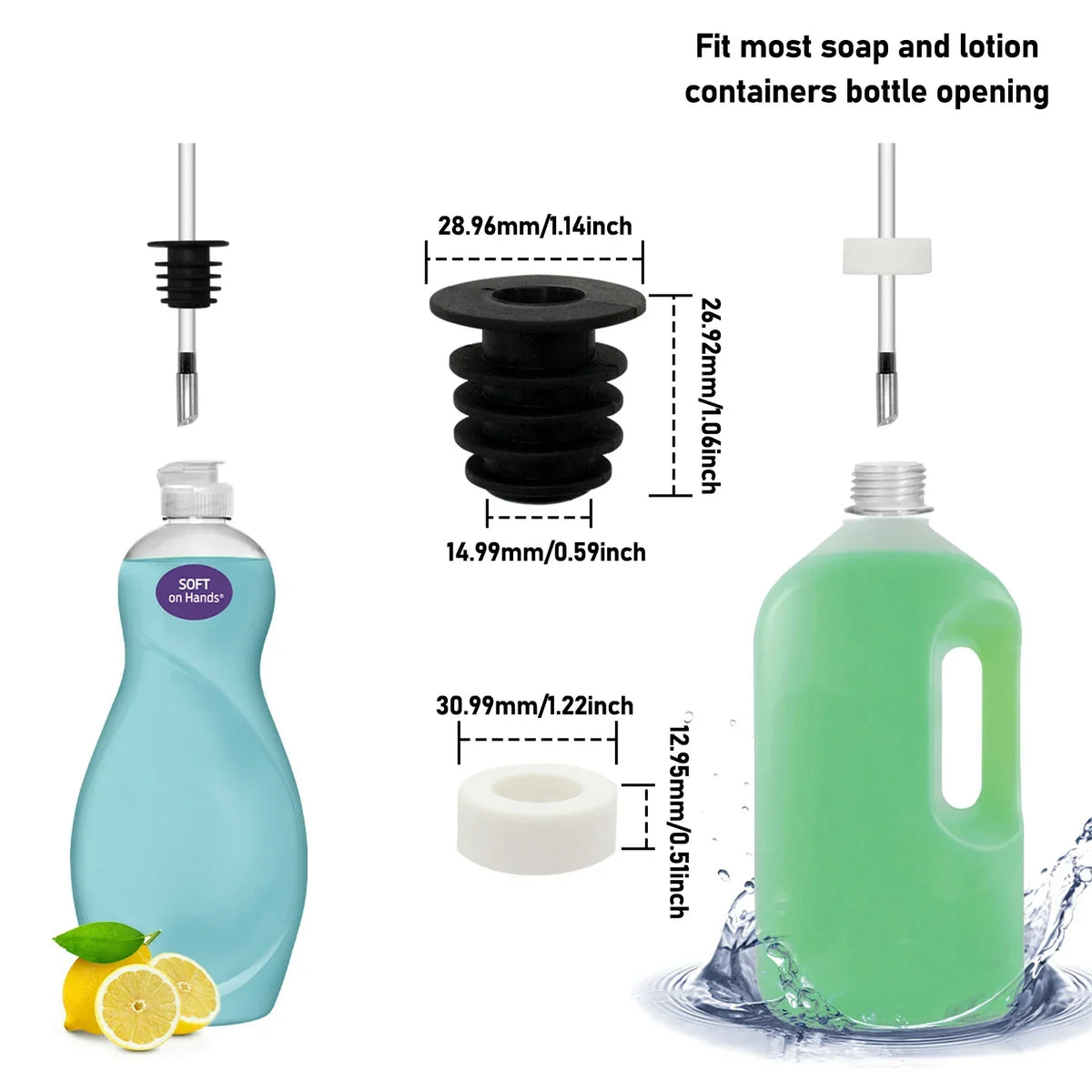 Stainless steel liquid soap dispenser with an extension tube shown next to a bottle and a large green bottle.
