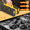A hand is organizing yellow portable battery storage units, showing before and after comparisons of tool batteries.