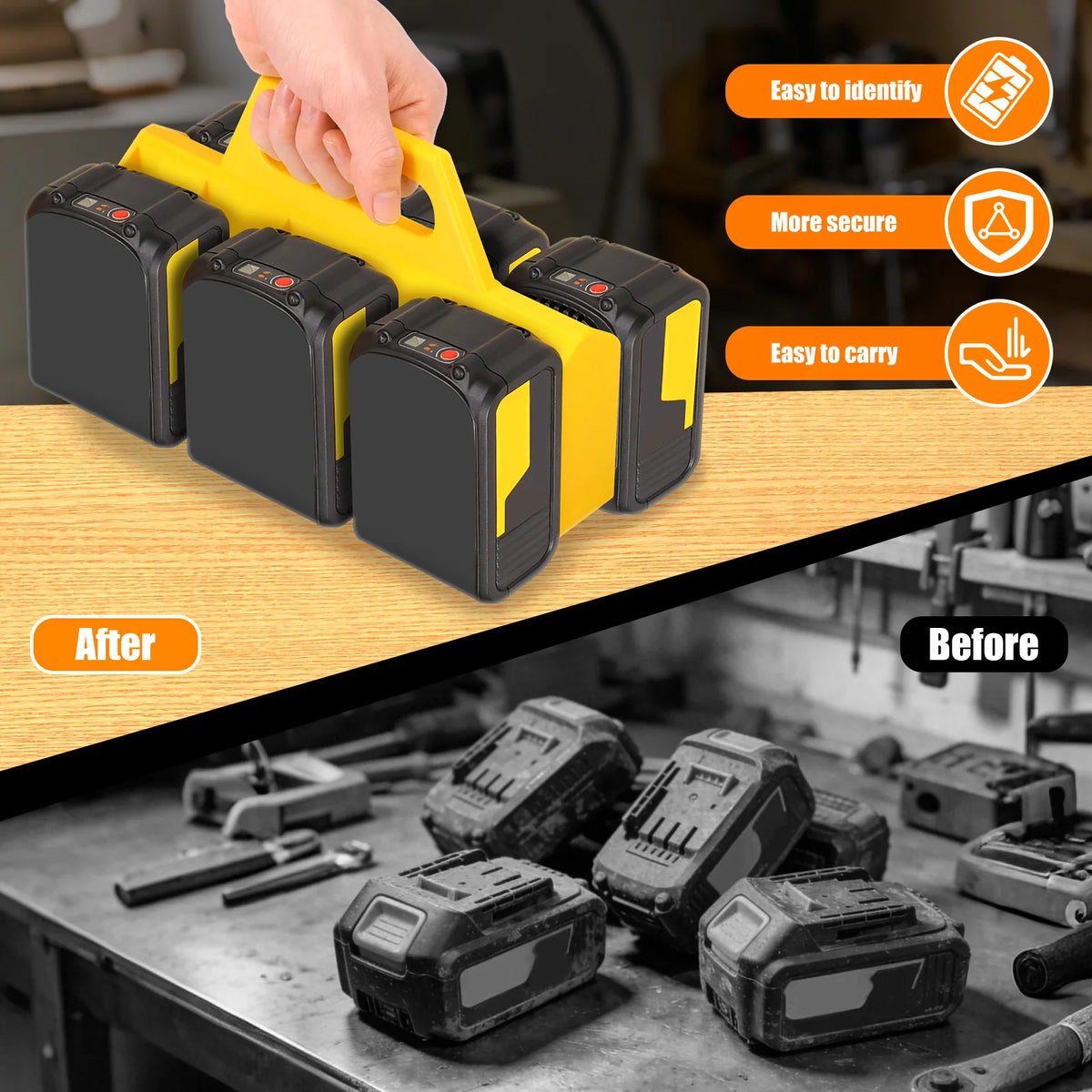A hand is organizing yellow portable battery storage units, showing before and after comparisons of tool batteries.