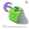 A green precision vinyl cutting tool with a screw fixation design is shown, featuring a measurement scale and a purple vinyl 