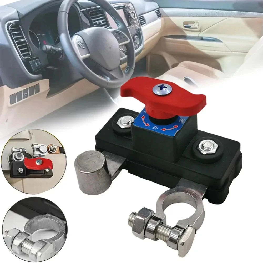 A universal car battery cut off switch with a red handle and metal clamp shown next to a car interior.
