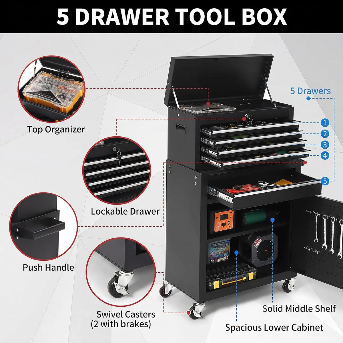 A black 5 drawer tool box with a top organizer, lockable drawers, and swivel casters on a rolling cabinet.