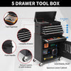 A black 5 drawer tool box with a top organizer, lockable drawers, and swivel casters on a rolling cabinet.