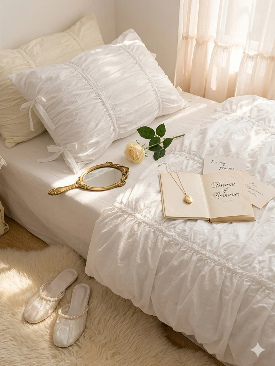 Washed Cotton Ruffle Bedding Set with Bow Ties – Pure White