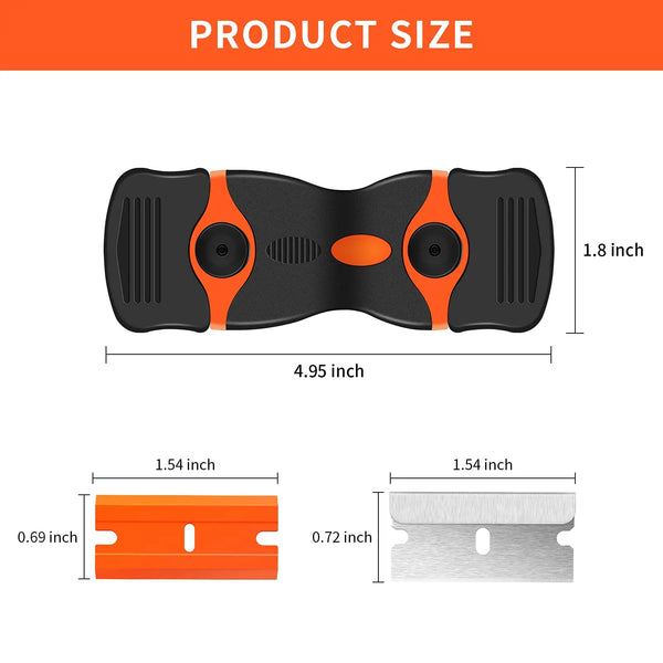 A black tool with orange accents used for scraping stickers, paint, and adhesive residue.