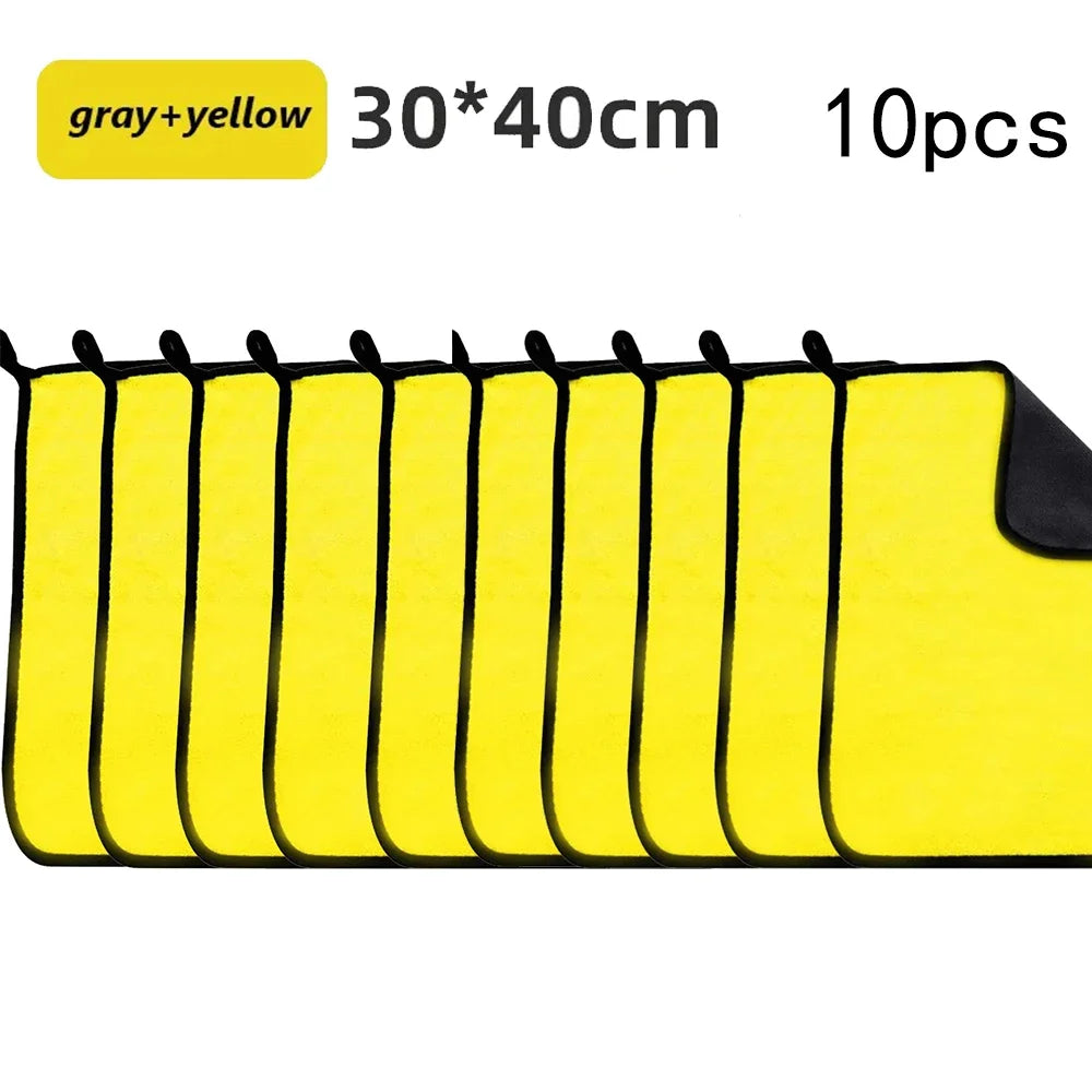 A set of ten gray and yellow microfiber car cleaning towels measuring 30x40cm.