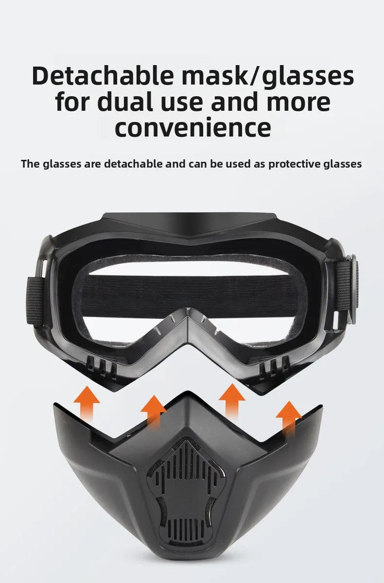 Black detachable mask or glasses for dual use and convenience shown in various forms